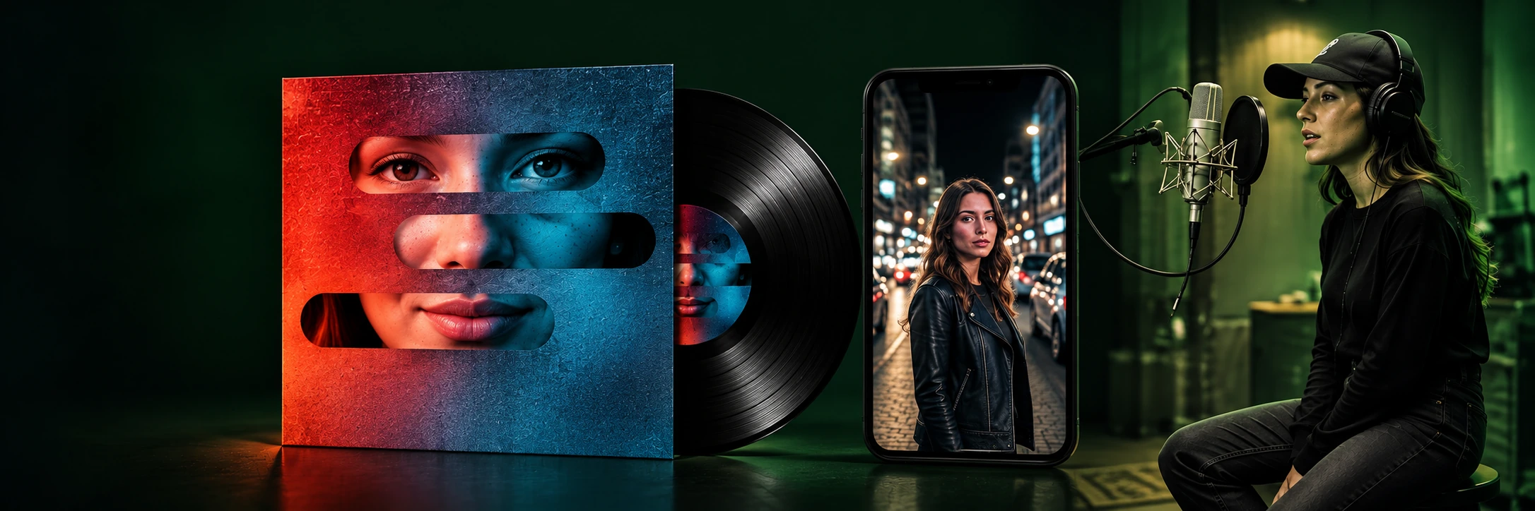 Composición editorial: funda de vinilo, reproductor visual en teléfono y artista en estudio de grabación